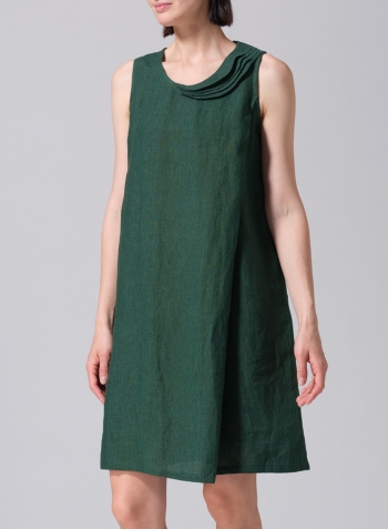 Green Linen Pleated A-Line Dress