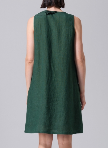 Green Linen Pleated A-Line Dress