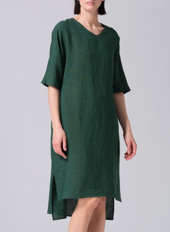 Green Linen Drawstring Half Sleeve Tunic Dress