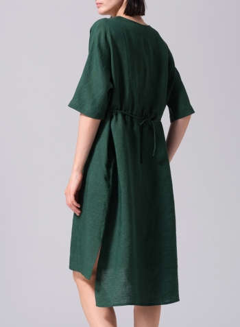 Green Linen Drawstring Half Sleeve Tunic Dress