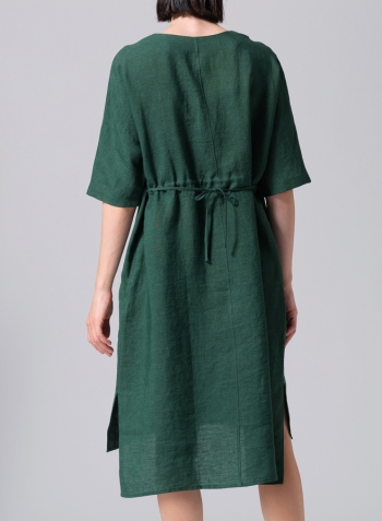 Green Linen Drawstring Half Sleeve Tunic Dress