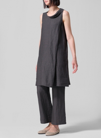 Dark Gray Linen Pleated A-Line Dress Set