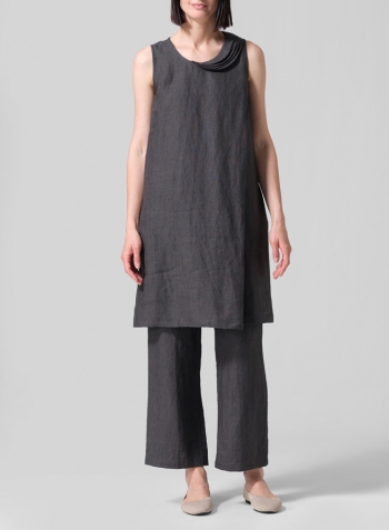 Dark Gray Linen Pleated A-Line Dress Set