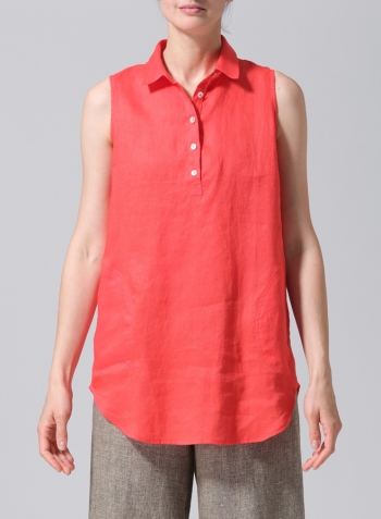 Red Linen Sleek Sleeveless Lapel Shirt Top