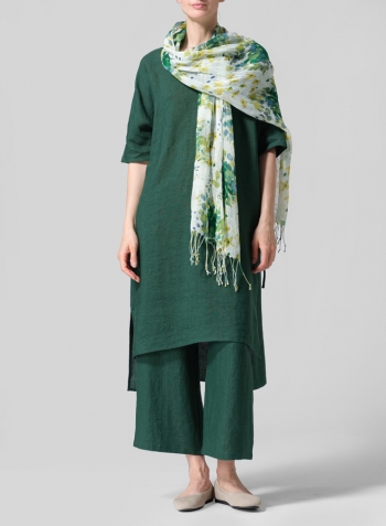 Green Linen Drawstring Half Sleeve Tunic Dress Set