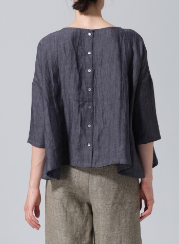 Smokey Blue Gray Linen Dropped Shoulder Top