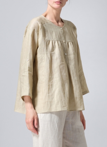 Light Khaki Linen Loose Fit Roll-Tab Sleeve Pleated Blouse