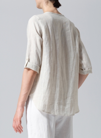 Oat Linen Round Neck Half Button Mid-Length Top