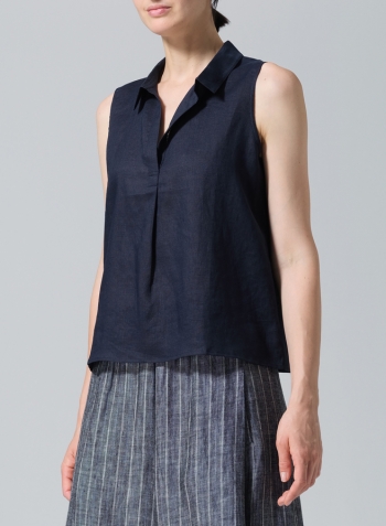Navy Linen Slightly A-shape Shirt Collar Vest