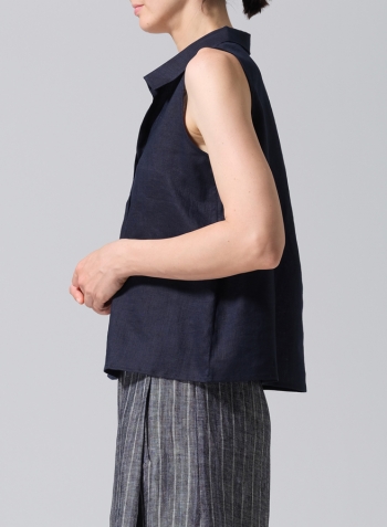 Navy Linen Slightly A-shape Shirt Collar Vest