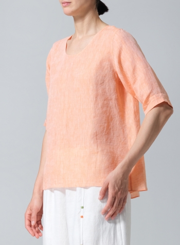 Two Tone Orange Linen Relaxed Scoop Neckline A-Shape Blouse
