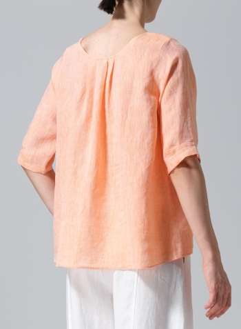 Two Tone Orange Linen Relaxed Scoop Neckline A-Shape Blouse