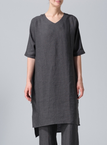 Dark Gray Linen Drawstring Half Sleeve Tunic Dress