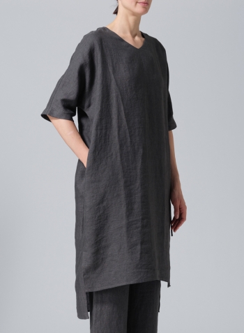 Dark Gray Linen Drawstring Half Sleeve Tunic Dress