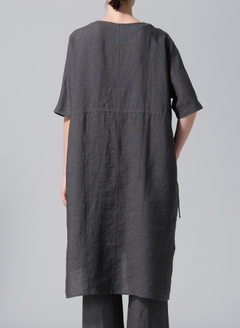 Dark Gray Linen Drawstring Half Sleeve Tunic Dress