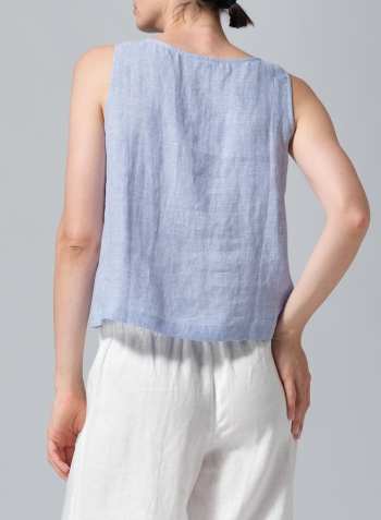Blue White Linen Sleeveless Top Tank