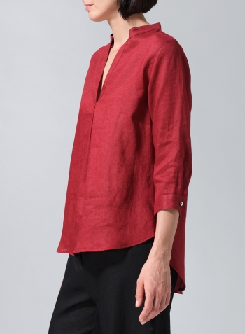 Dull Red Linen Half-Open Collar V-Neck Shirt