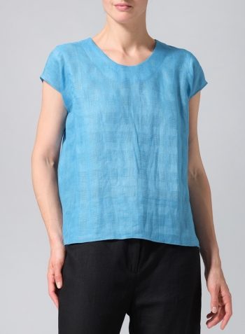 Jacquard Blue Linen Boxy Cap Sleeved Crew Neck Top