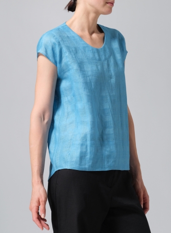 Jacquard Blue Linen Boxy Cap Sleeved Crew Neck Top