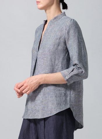 Two Tone Navy White Linen Half-Open Collar V-Neck Shirt