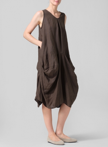 Dark Olive Brown Linen Sleeveless Draped Dress