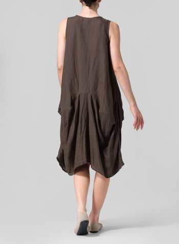 Dark Olive Brown Linen Sleeveless Draped Dress