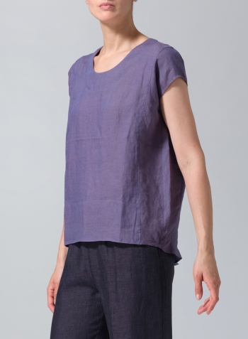 Dark Slate Purple Linen Boxy Cap Sleeved Crew Neck Top