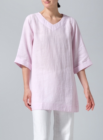 Soft Pink Linen Casual Loose-Fit V-Neck Midi Top
