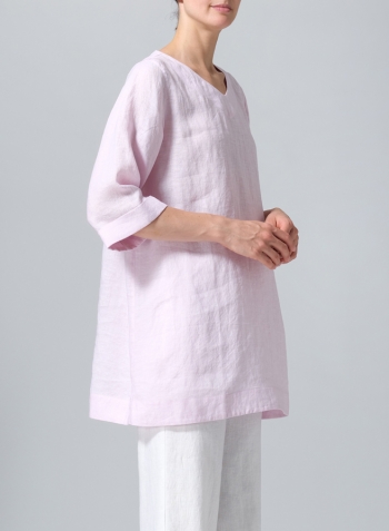 Soft Pink Linen Casual Loose-Fit V-Neck Midi Top