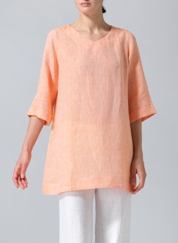 Two Tone Orange Linen Casual Loose-Fit V-Neck Midi Top