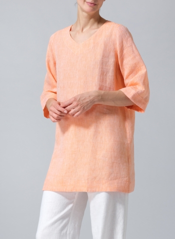 Two Tone Orange Linen Casual Loose-Fit V-Neck Midi Top