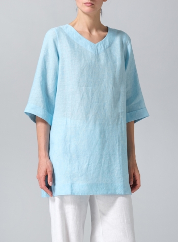 Aqua Blue Linen Casual Loose-Fit V-Neck Midi Top