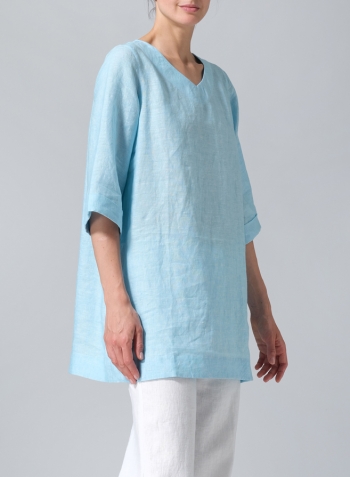 Aqua Blue Linen Casual Loose-Fit V-Neck Midi Top