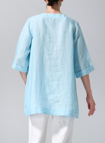 Aqua Blue Linen Casual Loose-Fit V-Neck Midi Top