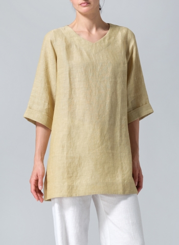 Flaxen Linen Casual Loose-Fit V-Neck Midi Top