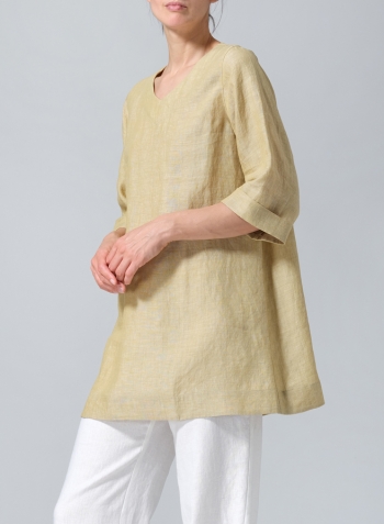 Flaxen Linen Casual Loose-Fit V-Neck Midi Top