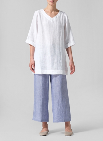 White Linen Casual Loose-Fit V-Neck Midi Top