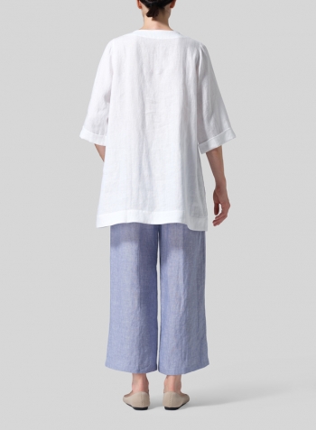 White Linen Casual Loose-Fit V-Neck Midi Top