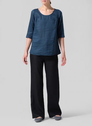 Oriental Blue Linen Elbow Sleeve Casual Mid-Length Top