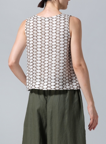 Khaki Beige Net Pattern Linen Sleeveless U-neck Vest Top
