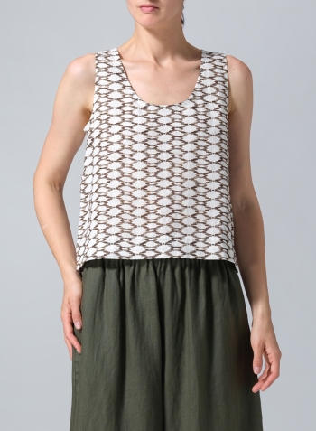 Khaki Beige Net Pattern Linen Sleeveless U-neck Vest Top