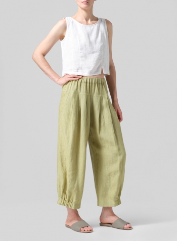 Olive Yellow Linen Crumple Effect Harem Pants (Long)