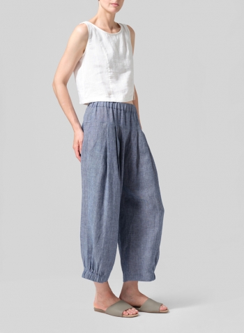 Denim Blue Linen Crumple Effect Harem Pants (Long)