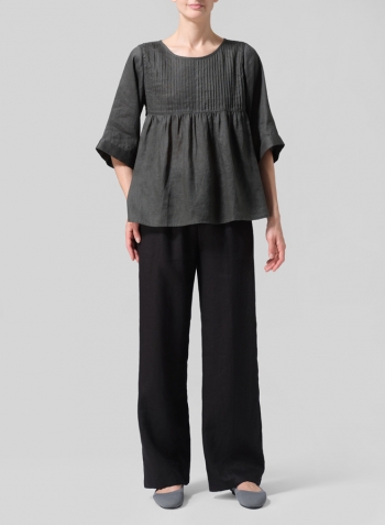 Dark Green Linen Hand-Made Pleated Bell Sleeve Blouse