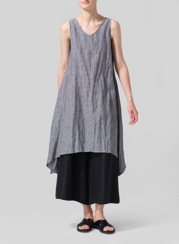 Two Tone Black Linen Sleeveless Crumple Effect Long Dress