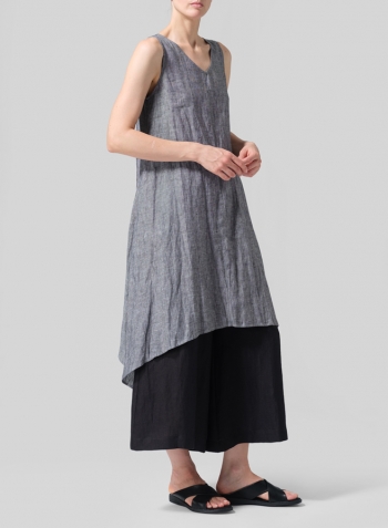 Two Tone Black Linen Sleeveless Crumple Effect Long Dress