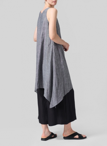 Two Tone Black Linen Sleeveless Crumple Effect Long Dress