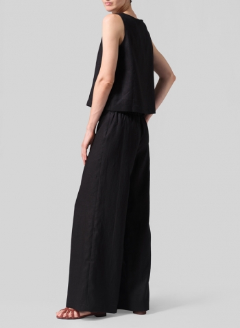 Black Linen Sleeveless Top Tank Set
