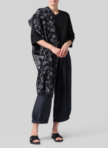 Linen V-Neck Short-Sleeved Top with Scarf