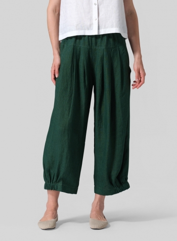 Green Linen Crumple Effect Harem Pants (Long)